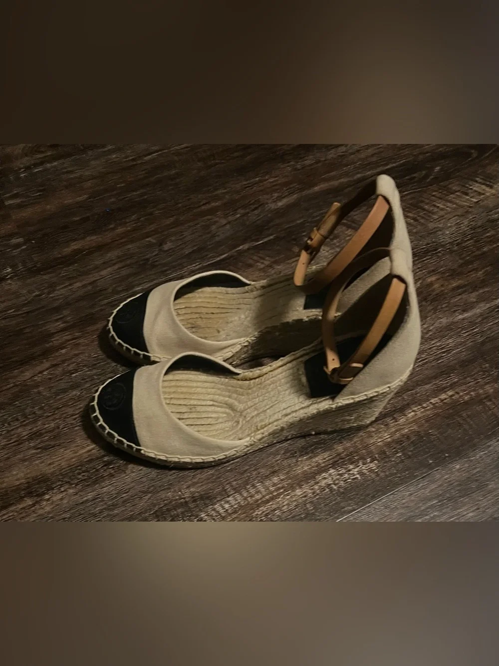 Tory Burch Beige Canvas Espadrille Wedges with Black Cap Toe
